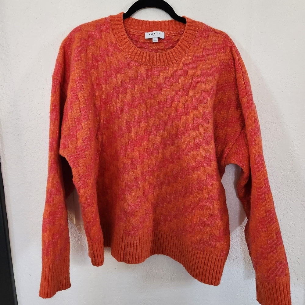 Gilli Orange Pink Zig Zag Cozy Sweater‎ Size L Boho Colorful